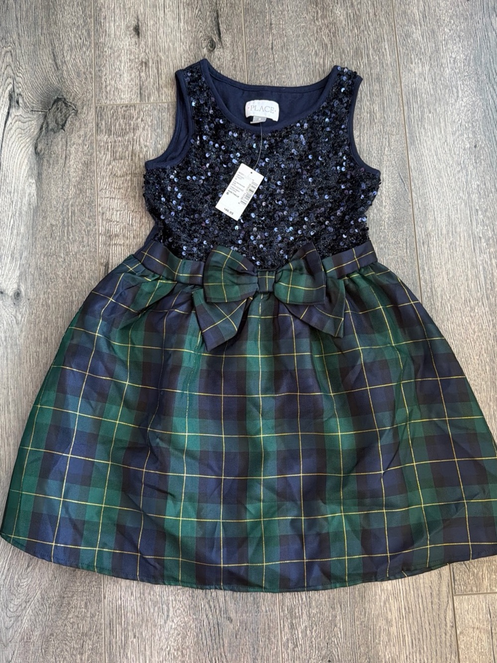 Place Navy Sequin Bodice with Green Plaid Skirt and Bow